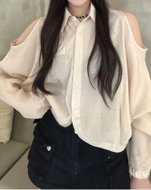 韓版洋氣露肩凈色襯衫-001610-精選單品特價6折