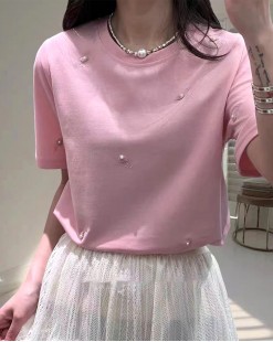 韓國直送JNINE珍珠花朵刺繡短袖TEE-003154-精選單品特價7折